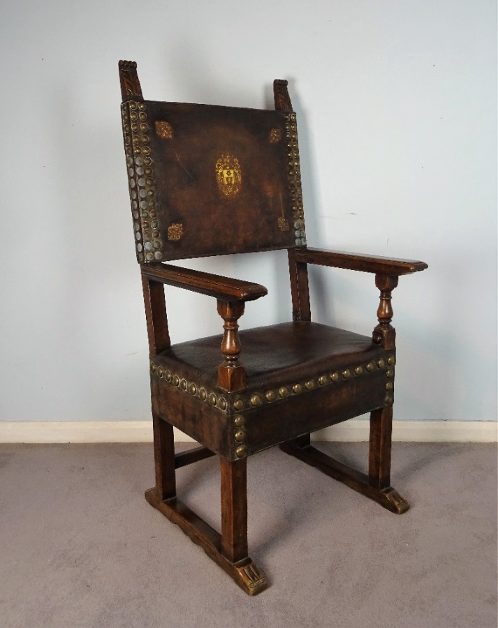 Italian Walnut and Leather Throne Armchair (11).JPG